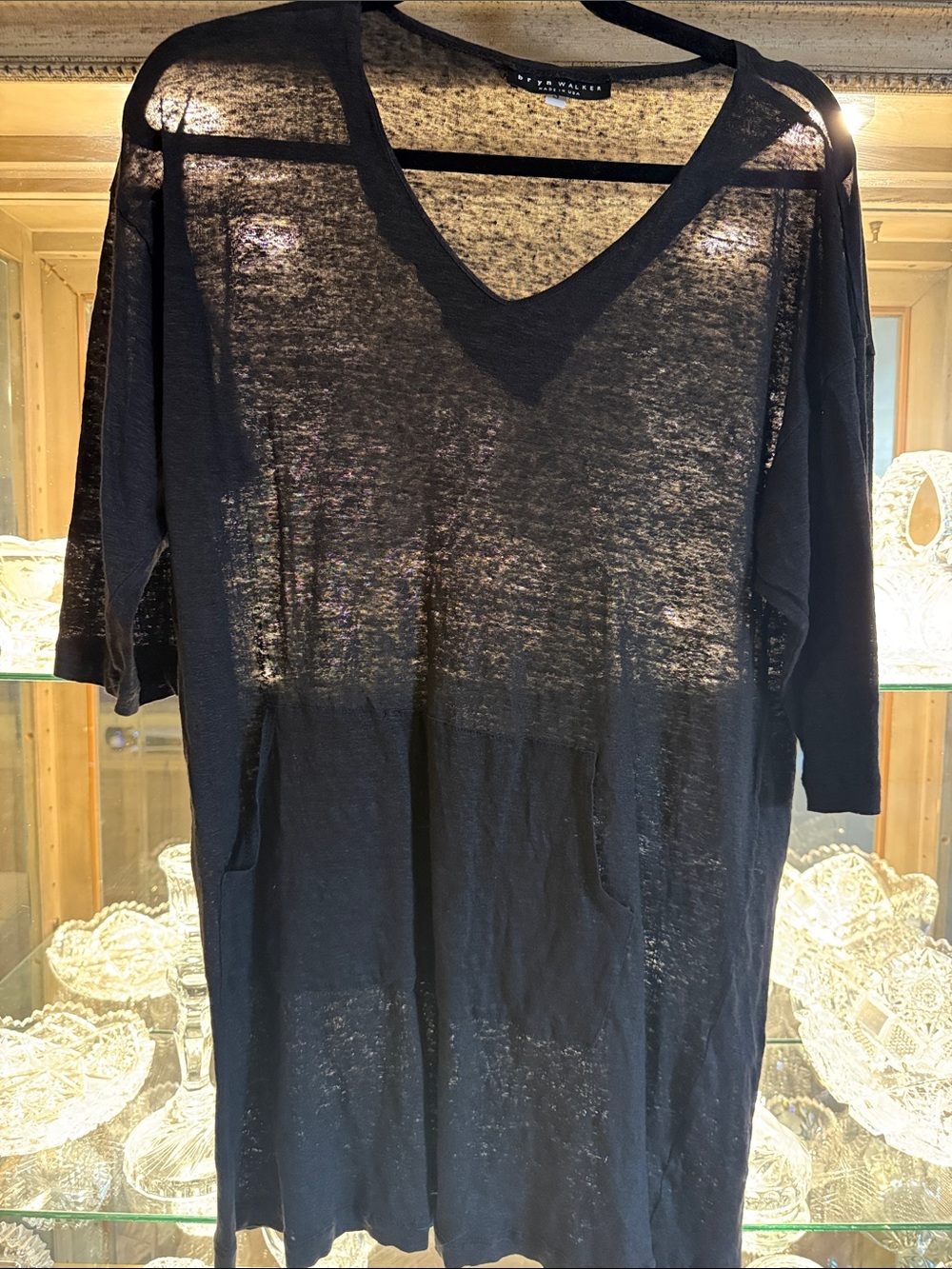 bryn Walker Black Lagenlook V-Neck Tunic with Front Pockets 100% Linen